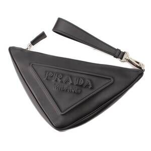 Prada Triangle Logo Leather Shoulder Clutch Bag Black